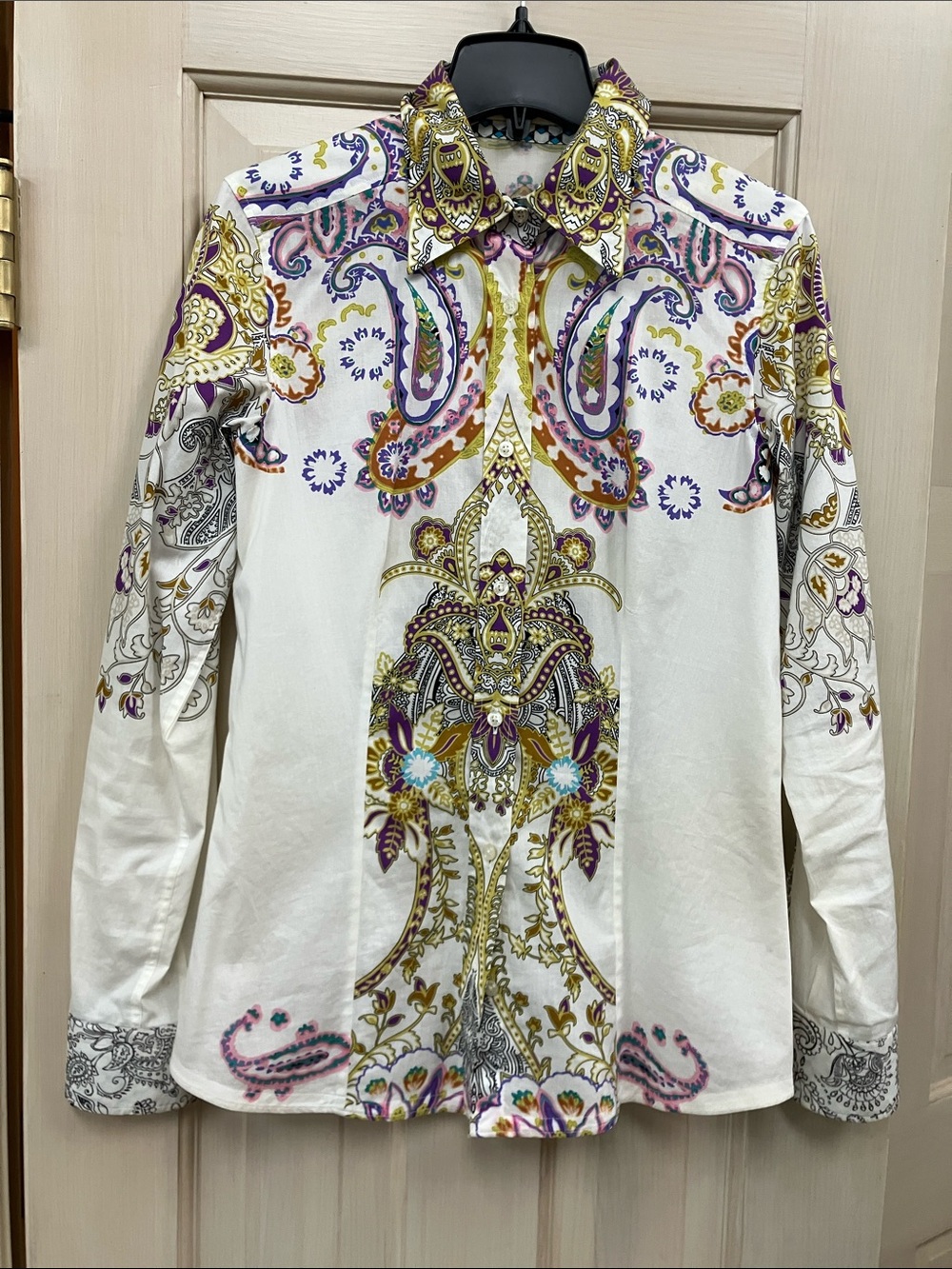 Etro White Paisley-Print Button Down Shirt with Gold & Purple Accents
